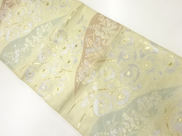 アンティーク　遠山に秋草模様織出し袋帯（材料）